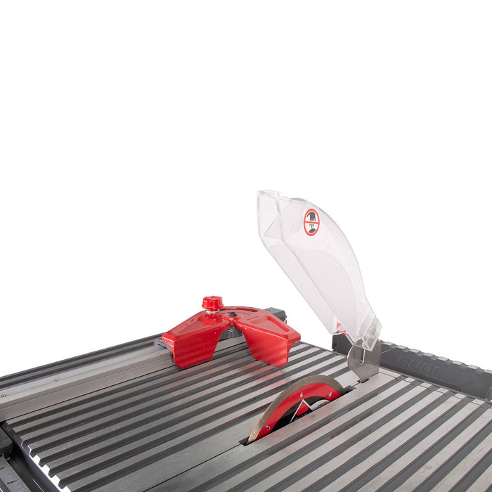 Rubi Tools ND 7IN MAX Tile Saw with blade guard lifted showing blade