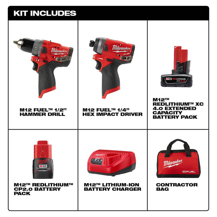 Milwaukee M12 FUEL™ Hammer Drill/Impact Driver Combo Kit components