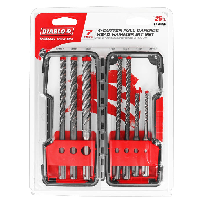Diablo Tools 7 pc Rebar Demon™ SDS-Plus 4-Cutter Full Carbide Head Hammer Bit Set
