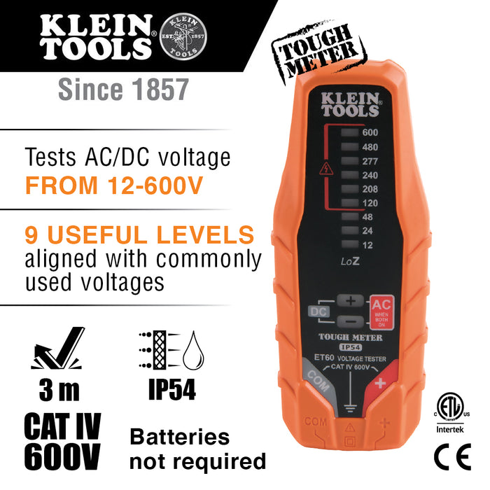 Klein Tools Electronic AC/DC Voltage Tester, 12 to 600V