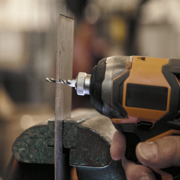 Small diameter drilling into metal beam with Klein Tools Drill Tap