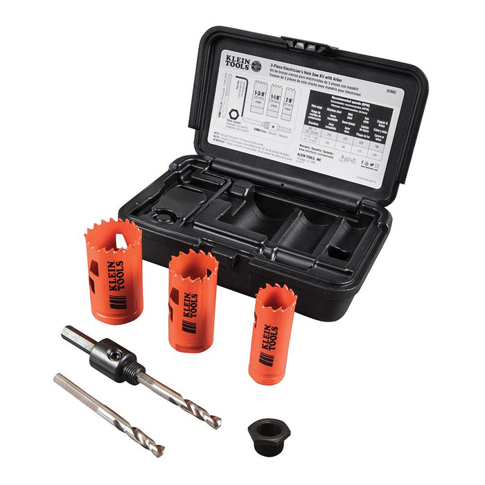 Klein Tools 3-Piece Electrician's Hole Saw Kit with components removed