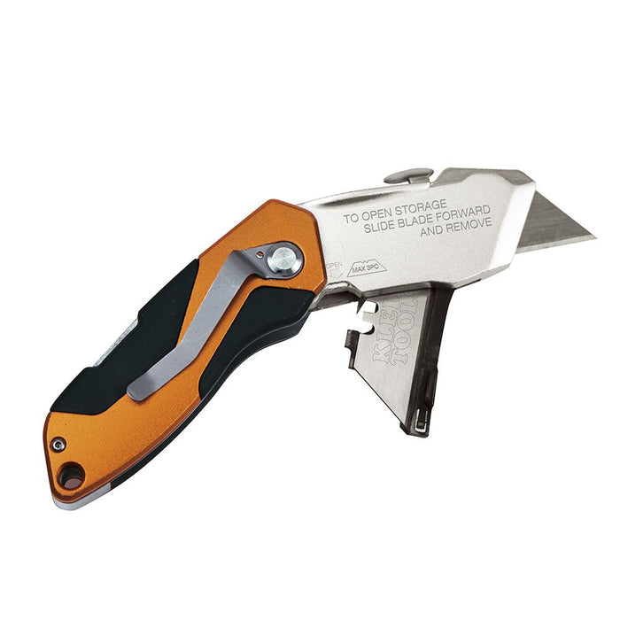 Internal blade storage includes and holds 3 blades