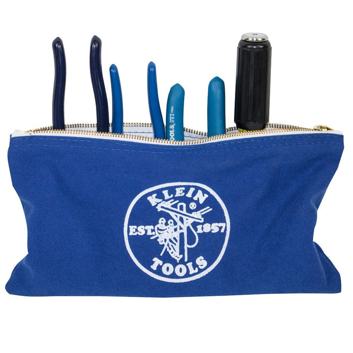 Klein Tools Zipper Canvas Tool Pouches, blue bag holding hand tools