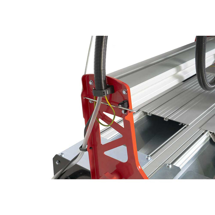 Close up of Rubi Tools DCX-250 XPERT Wet Saw rail support and water feed