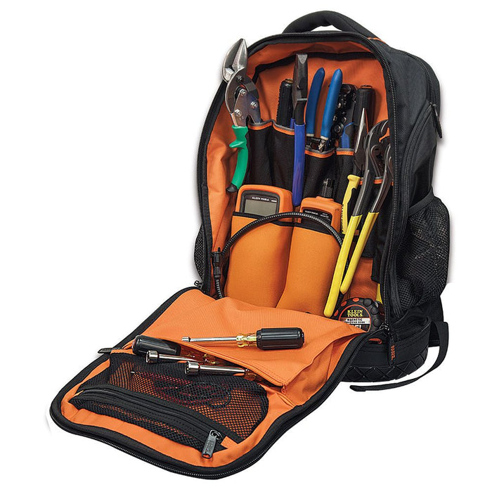 Klein Tools Tradesman Pro™ 55456BPL Tool Bag opened filled with hand tools