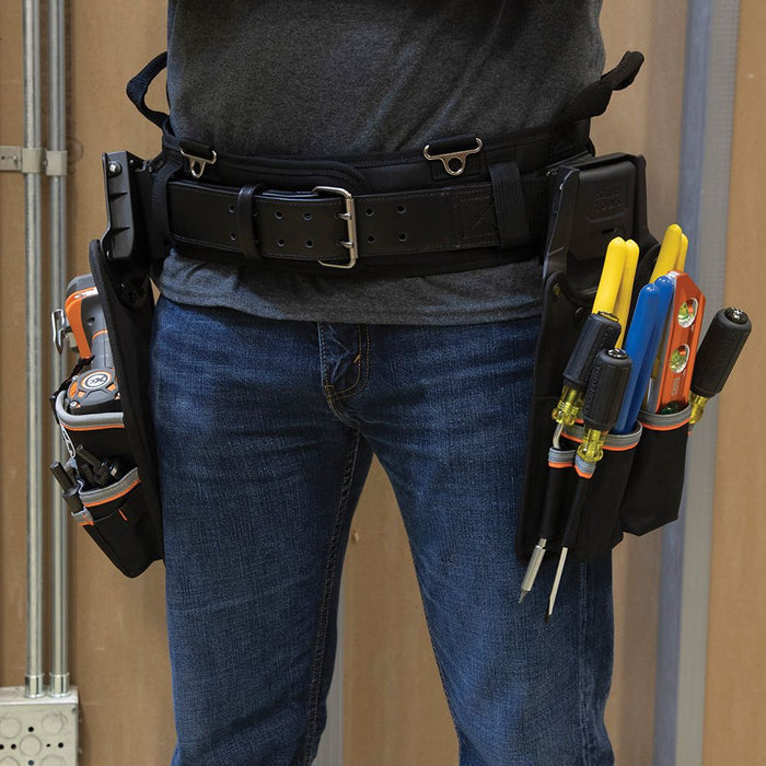Contractor wearing Klein Tradesman Pro Tool Belt filled with professional tools