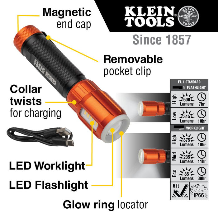 Klein Tools 56412 Rechargeable LED Flashlight features