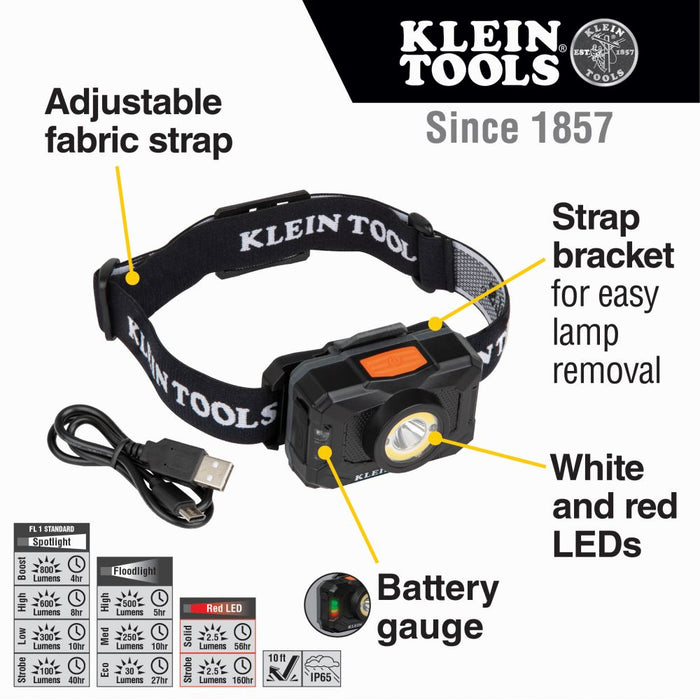 Klein Tools Rechargeable 2-Color LED Headlamp with Adjustable Strap specifications