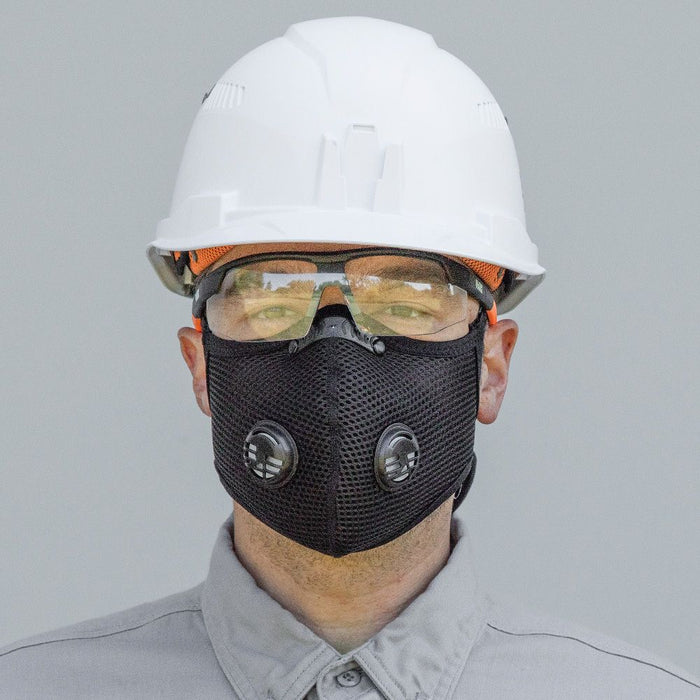 Klein Reusable Face Mask on contractor with safety glasses and hard hat