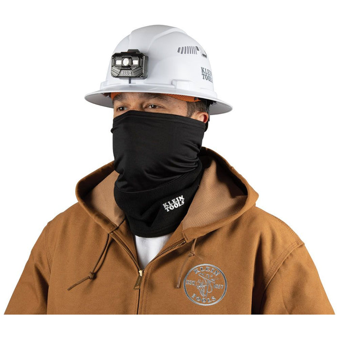 Man with hard hat, jacket and Klein Tools Neck and Face Warming Half-Band