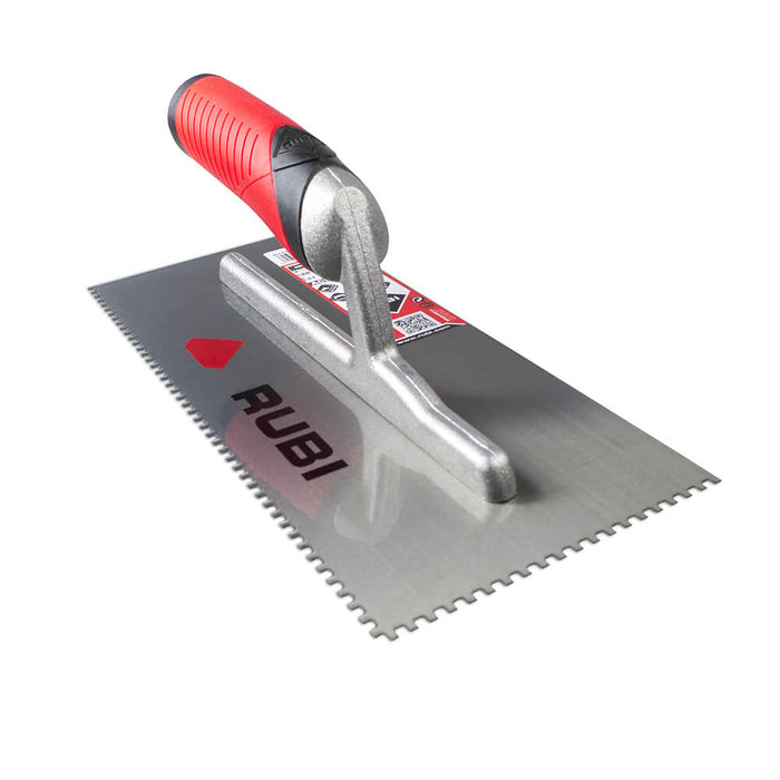 Rubi square notch for spreading adhesive on ceramic, porcelain, marble, and other tiles.  Can also be used for underlayments