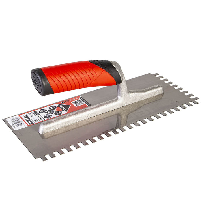 Rubi square notch for spreading adhesive on ceramic, porcelain, marble, and other types of tile. Can also be used to attach underlayments to sub floor