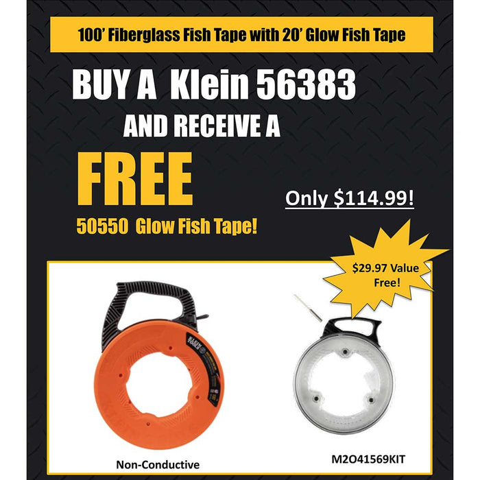 Klein Tools 100’ Fiberglass Fish Tape with 20’ Glow Fish Tape