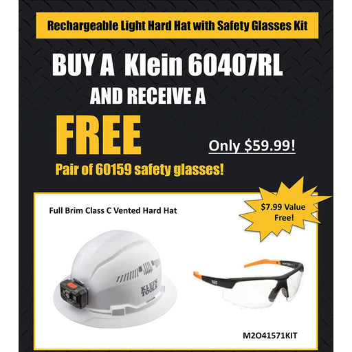 Klein Tools Vented Full Brim Hard Hat with Headlamp and Safety Glasses