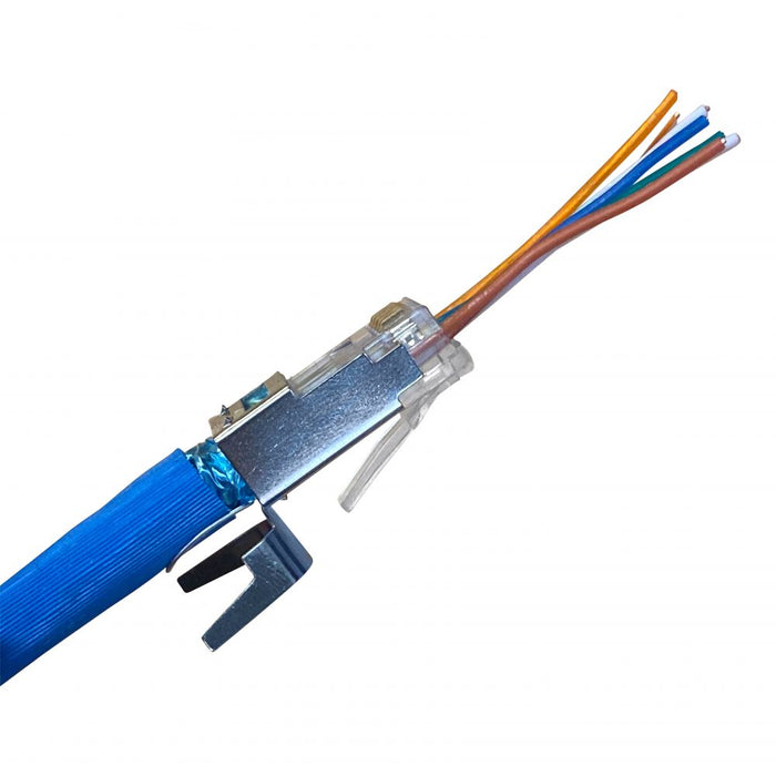 Shielded Klein Pass-Thru Modular Data Plugs installed on wire