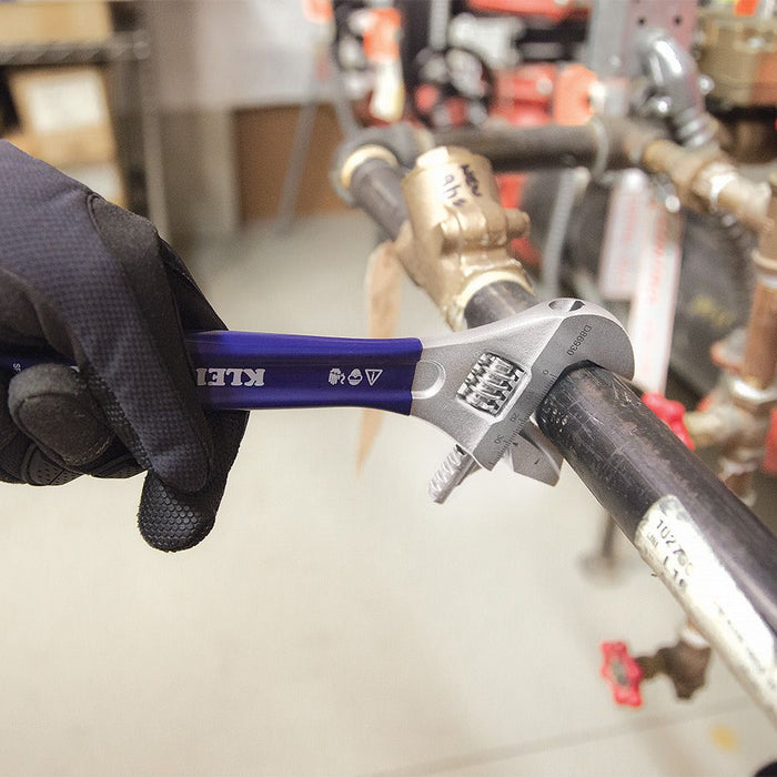 Adjusting a pipe with Klein Tools pipe wrench