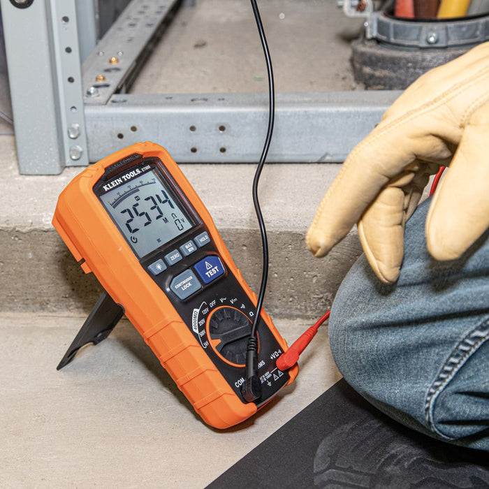 Klein Tools Insulation Resistance Tester with stand while testing 