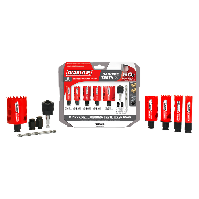 Diablo Tools Carbide General Purpose Hole Saw Kit with components and carrying case shown