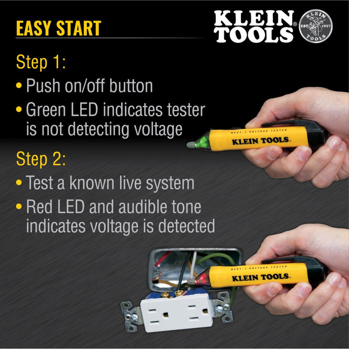 Klein Tools NCVT-1 Non-Contact Voltage Tester Pen steps for use