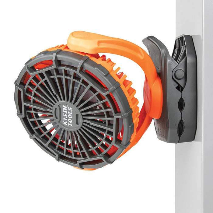 Klein Tools Personal Jobsite Fan attached to metal wall with magnetic base