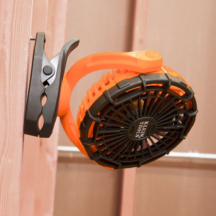 Hanging Klein Tools Personal Jobsite Fan with nail mount