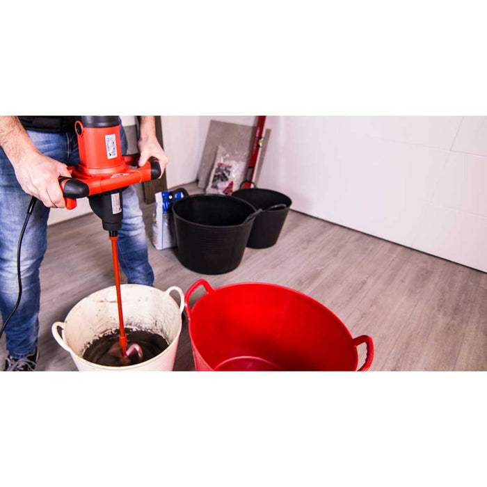 Mixing tile mortar indoor with RubiMix 9N and rubber buckets