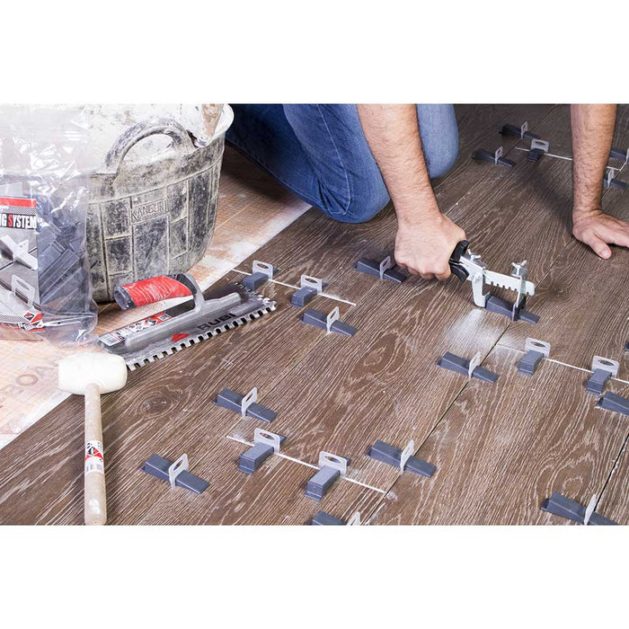 Plank floor tile installation with Rubi Tools leveling system