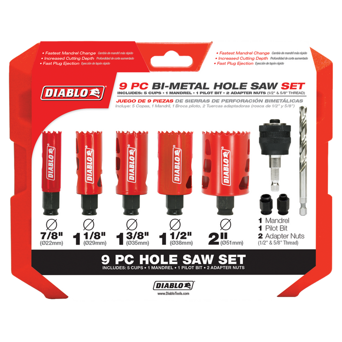 Diablo Tools 9 pc Hole Saw Set with contents shown in carrying case