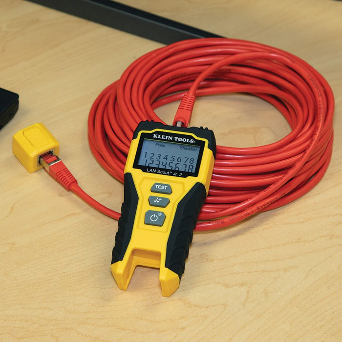 Klein Tools LAN Scout™ Jr. 2 Cable Tester attached to red cable
