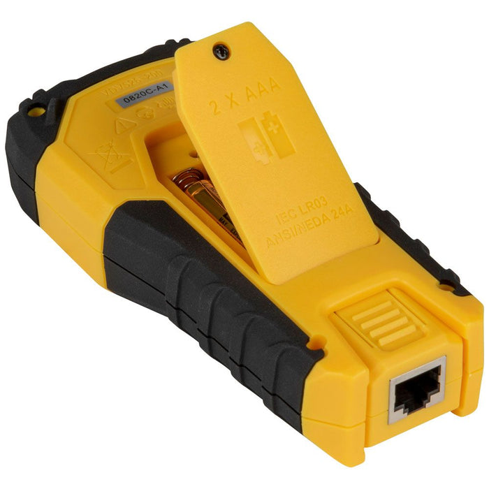 Klein Tools LAN Scout™ Jr. 2 Cable Tester rear view with battery chamber open